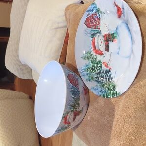 Festive Snowman and Cardinal Serving  Bowl and Serving Plate Set